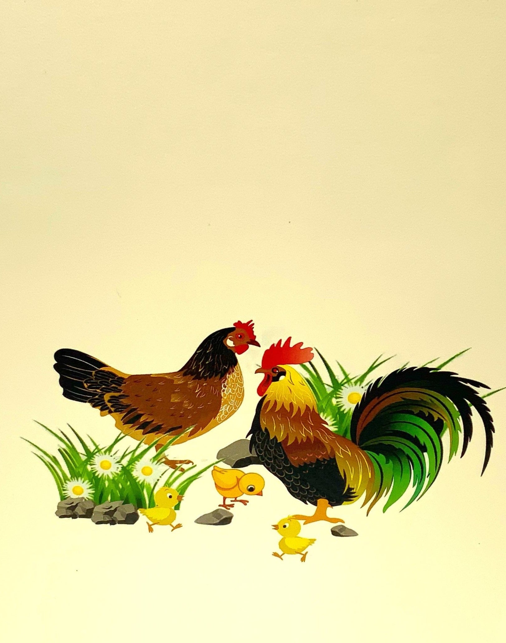 &quot;Front cover of the 2 chickens pop-up card: The card&#39;s cover features an inviting and artistic design with an image that hints at the playful chicken characters inside, providing a glimpse of the intricate 3D pop-up.&quot;