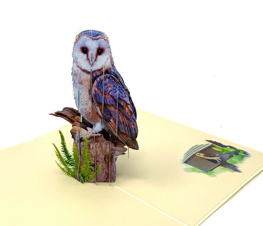 &quot;Owl-themed pop-up card: A three-dimensional card with an intricately crafted pop-up scene featuring charming owls, perfect for various occasions and nature enthusiasts.&quot;