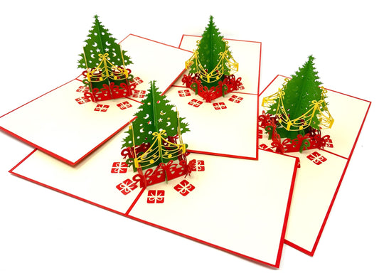 &quot;A 4-pack of mini Christmas tree pop-up cards: A collection of four small three-dimensional cards, each featuring an intricately crafted pop-up of a Christmas tree, perfect for celebrating the holiday season in a compact size.&quot;