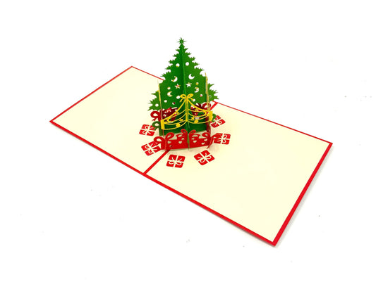 &quot;Mini Christmas tree pop-up card: A small three-dimensional card with an intricately crafted pop-up of a Christmas tree, ideal for celebrating the holiday season in a compact size.&quot;