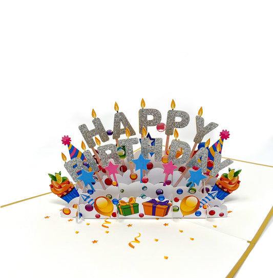 3D pop-up greeting card with glittery &#39;Happy Birthday&#39; letters: A celebratory card with raised and sparkling letters, adding a touch of elegance to your birthday wishes.&quot;