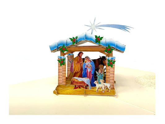 &quot;Nativity scene pop-up card: A three-dimensional card with an intricately crafted pop-up of a nativity scene, perfect for celebrating the Christmas season and conveying the story of the birth of Jesus.&quot;