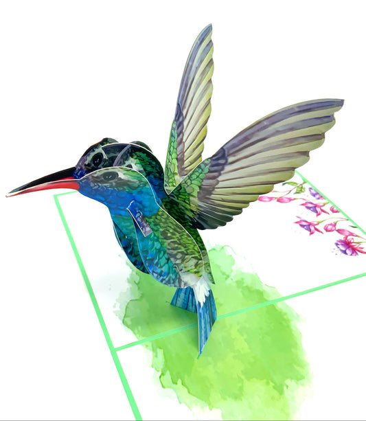 &quot;Hummingbird pop-up card: A three-dimensional card featuring a beautifully designed and intricately crafted pop-up of a hummingbird, showcasing the delicate and vibrant nature of the bird.&quot;