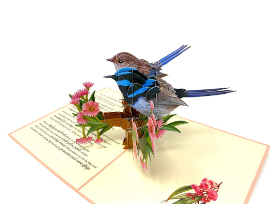 &quot;Inside of the educational wren pop-up card: A three-dimensional pop-up scene reveals a lifelike wren in its natural habitat, surrounded by detailed flora and informative text describing the bird&#39;s behavior and characteristics.&quot;