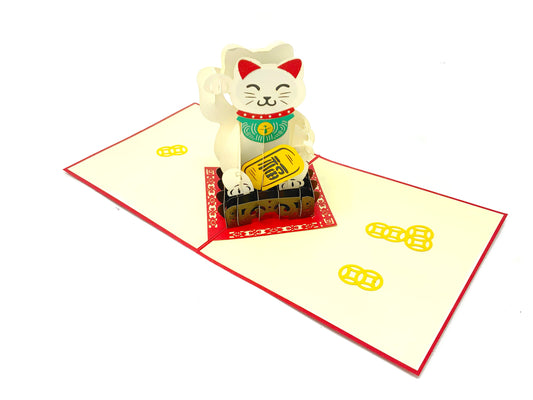 A meticulously designed greeting card featuring a three-dimensional representation of the traditional Chinese Lucky Cat, symbolizing good luck and fortune.&quot;