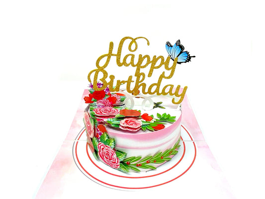 3D pop-up Happy Birthday cake greeting card, adorned with cheerful decorations, spreading joy for your special message.&quot;