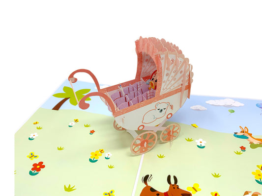 &quot;New baby girl pop-up card: A three-dimensional card with an intricately crafted pop-up scene celebrating the arrival of a new baby girl, perfect for congratulatory messages and baby showers.&quot;