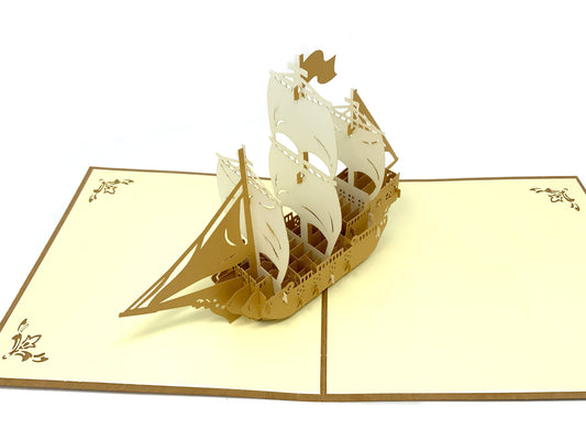 &quot;Ship-themed pop-up card: A three-dimensional card with an intricately crafted pop-up scene featuring a majestic ship, perfect for adding a nautical touch to various occasions.&quot;