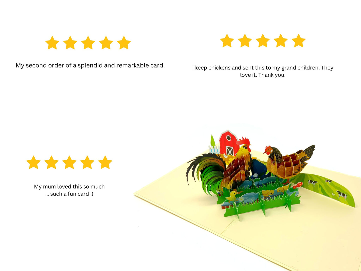 &quot;Two chickens pop-up card with 5-star reviews: A three-dimensional card featuring two charming chicken characters, alongside multiple 5-star ratings, indicating high customer satisfaction.&quot;