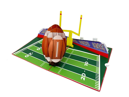 &quot;3D pop-up greeting card: American football on a field with goalposts – perfect for sports enthusiasts and football fans.&quot;