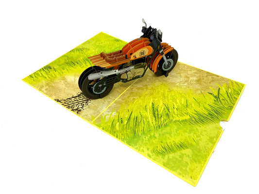 &quot;Motorbike-themed pop-up card: A three-dimensional card featuring a creatively designed and intricately crafted pop-up scene of a motorbike, perfect for enthusiasts and special occasions.&quot;