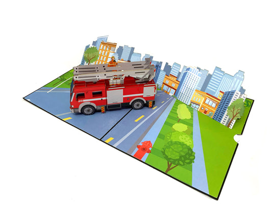 &quot;A fire engine pop-up card: A three-dimensional paper card featuring a detailed and colorful pop-up of a fire engine, with vibrant visuals and intricate design.&quot;