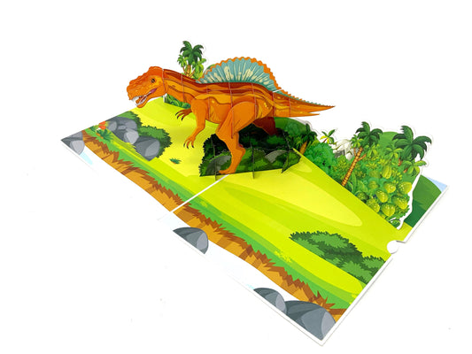 A 3D greeting card featuring a pop-up dinosaur design, perfect for dino enthusiasts, meticulously crafted and ready to surprise with its intricate detail when opened.&quot;