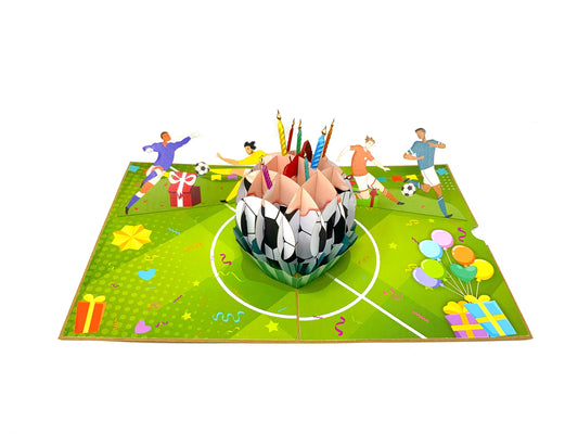 Pop-up football cake card: A creative 3D card featuring a football-themed cake design that pops up when opened, perfect for celebrating football events or birthdays.&quot;