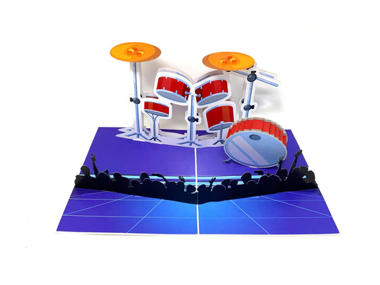 &quot;Pop-up drum card featuring a stunning 3D paper drum kit, adorned with vibrant colors and intricate design, making it a unique and memorable greeting card.&quot;