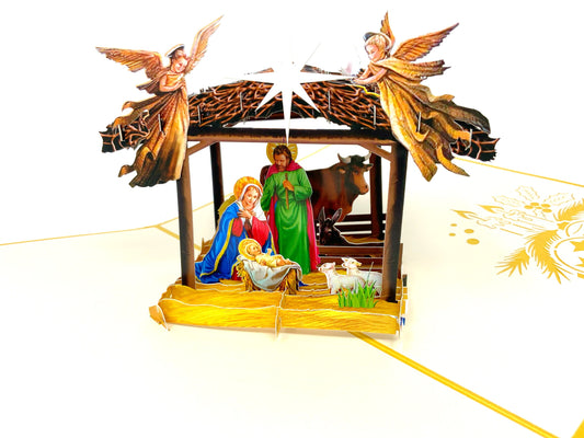&quot;Nativity scene pop-up card: A three-dimensional card with an intricately crafted pop-up of a nativity scene, perfect for celebrating the Christmas season and conveying the story of the birth of Jesus.&quot;