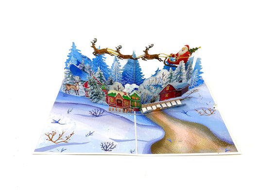 &quot;Santa in Sleigh pop-up card: A three-dimensional card with an intricately crafted pop-up scene featuring Santa Claus in a festive sleigh, perfect for adding holiday magic to various occasions.&quot;