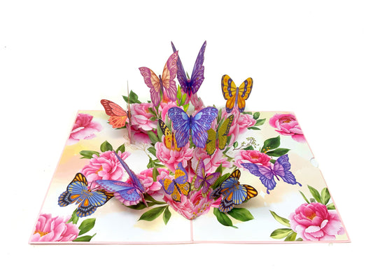 Butterflies 3D pop-up card: A beautifully designed greeting card featuring a three-dimensional display of colorful butterflies in flight, offering a captivating and vibrant visual experience.&quot;